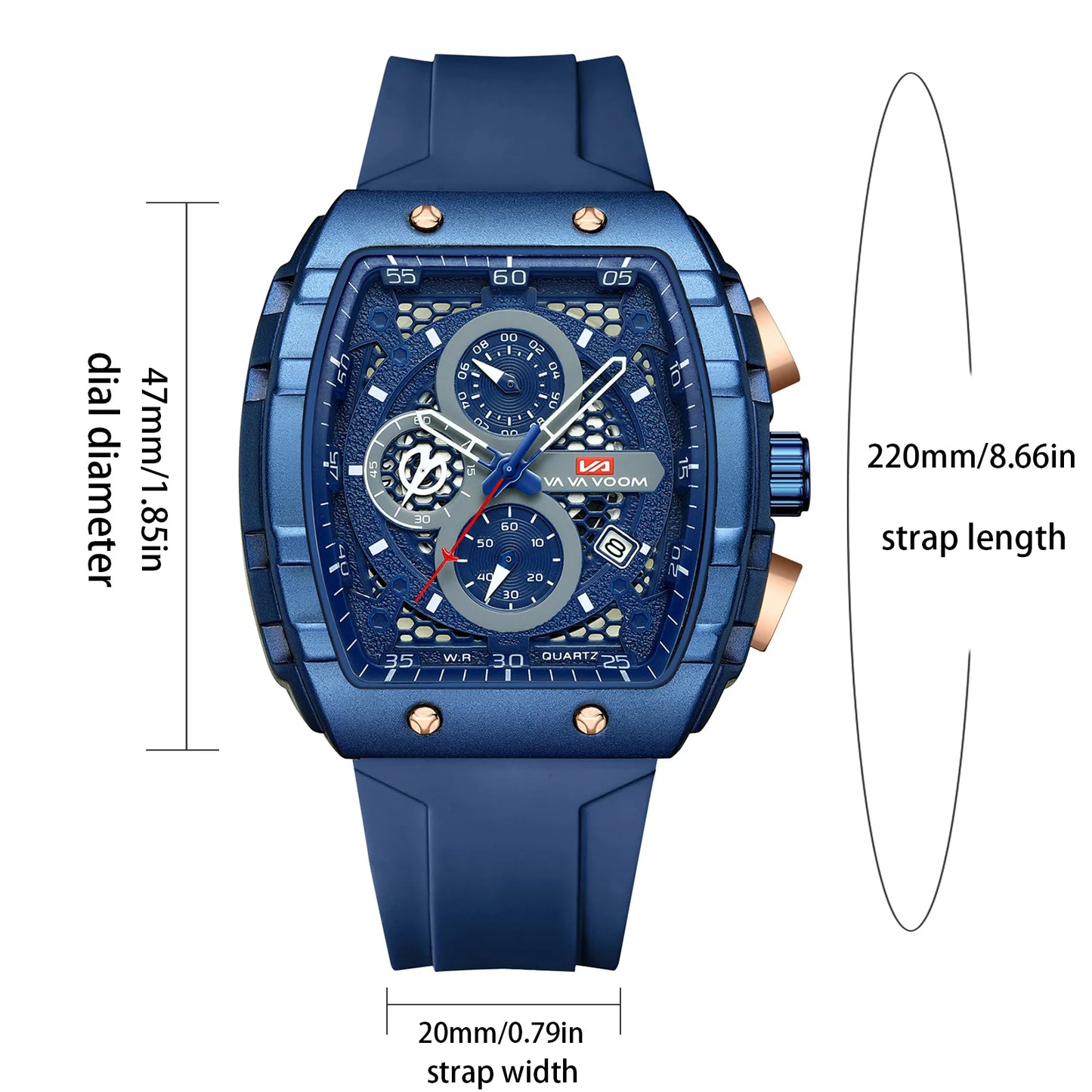 VA VA VOOM Men Watch With 47mm Large Dial Timing Multifunctional Clock Fashionable Silicone Strap Military Sports Watch for Men