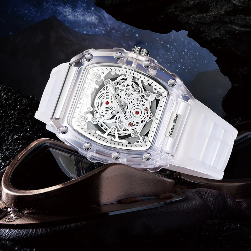 High End Calendar Luminous Personalized Barrel Shaped Silicone Quartz Watch, Fashionable Transparent MEN'S Watch