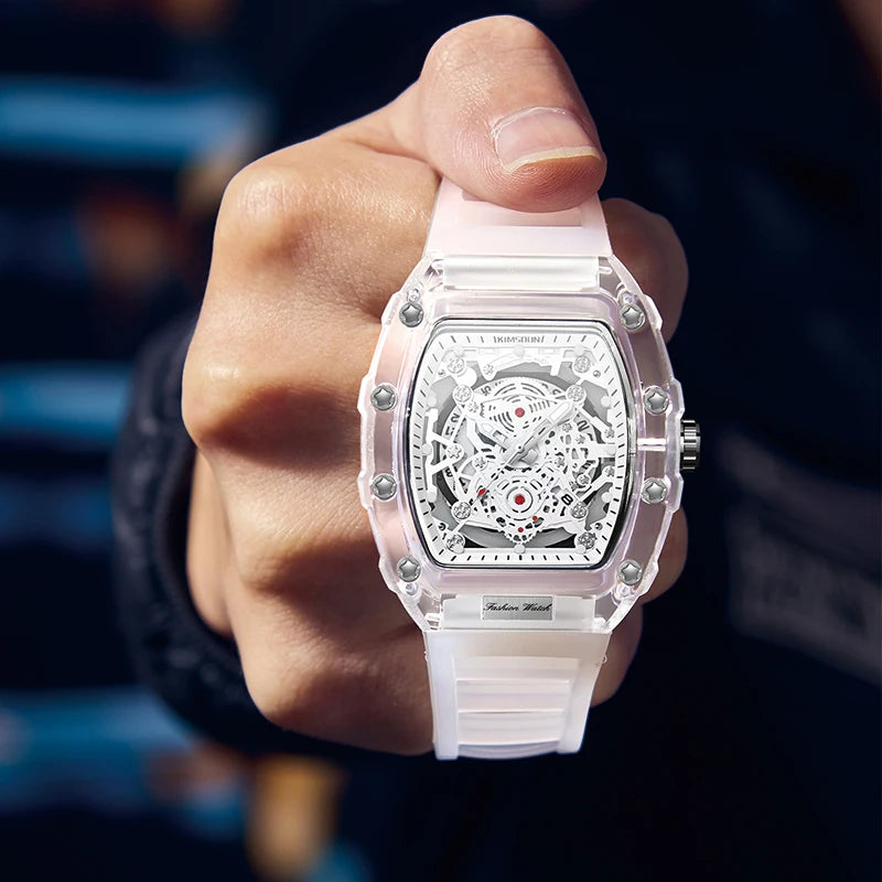 High End Calendar Luminous Personalized Barrel Shaped Silicone Quartz Watch, Fashionable Transparent MEN'S Watch