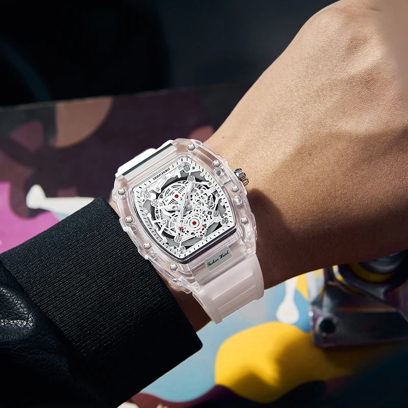High End Calendar Luminous Personalized Barrel Shaped Silicone Quartz Watch, Fashionable Transparent MEN'S Watch