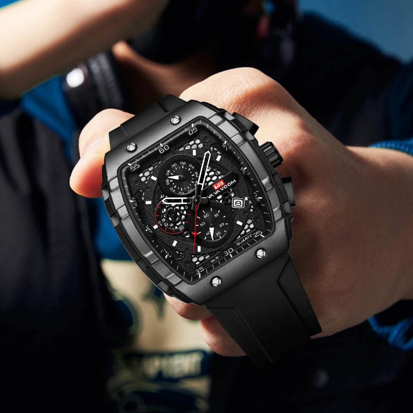 VA VA VOOM Men Watch With 47mm Large Dial Timing Multifunctional Clock Fashionable Silicone Strap Military Sports Watch for Men