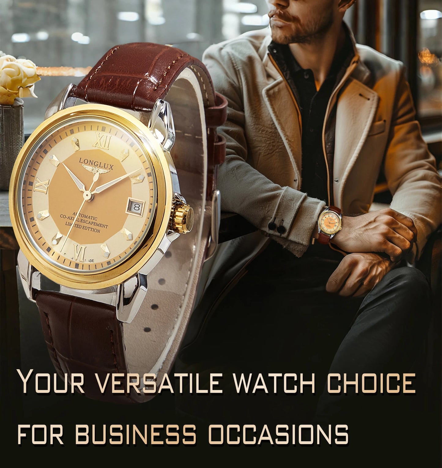LONGLUX automatic man watch business leisure dating mechanical wristwatches day date waterproof leather  mens watch men gift