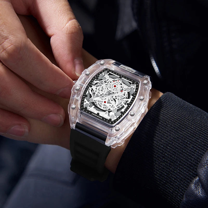 High End Calendar Luminous Personalized Barrel Shaped Silicone Quartz Watch, Fashionable Transparent MEN'S Watch
